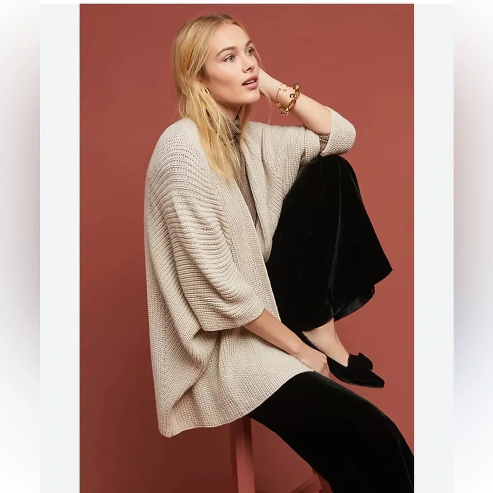 ANTHROPOLOGIE cream open weave loose kimono cardigan with wide sleeves one size